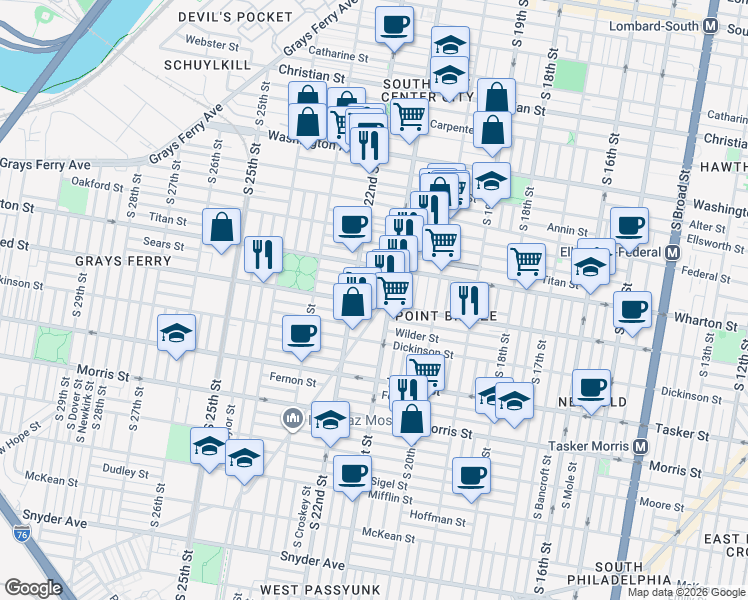 map of restaurants, bars, coffee shops, grocery stores, and more near 2113 Reed Street in Philadelphia