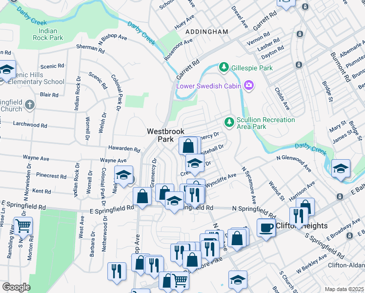 map of restaurants, bars, coffee shops, grocery stores, and more near 330 North Oak Avenue in Clifton Heights