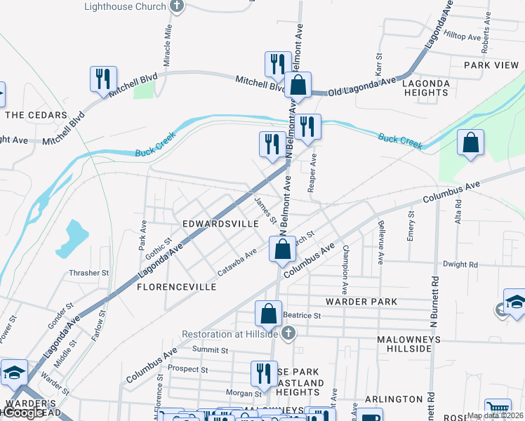 map of restaurants, bars, coffee shops, grocery stores, and more near Edwards Avenue in Springfield