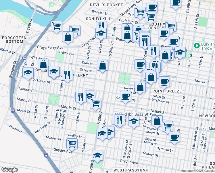map of restaurants, bars, coffee shops, grocery stores, and more near 1455 South 25th Street in Philadelphia