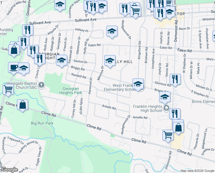 map of restaurants, bars, coffee shops, grocery stores, and more near 907 Maurine Drive in Columbus
