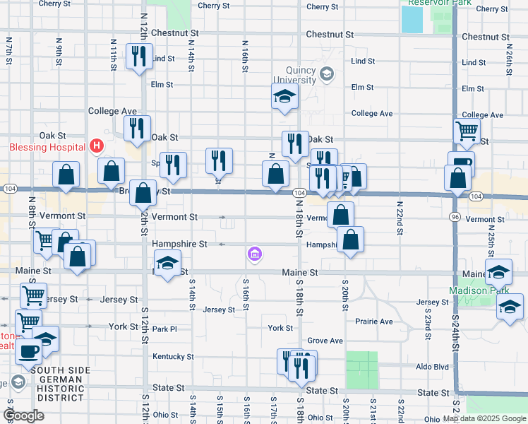 map of restaurants, bars, coffee shops, grocery stores, and more near 1635 Vermont Street in Quincy