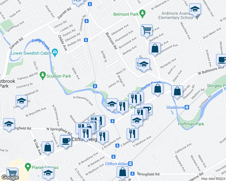 map of restaurants, bars, coffee shops, grocery stores, and more near 3937 Dennison Avenue in Upper Darby