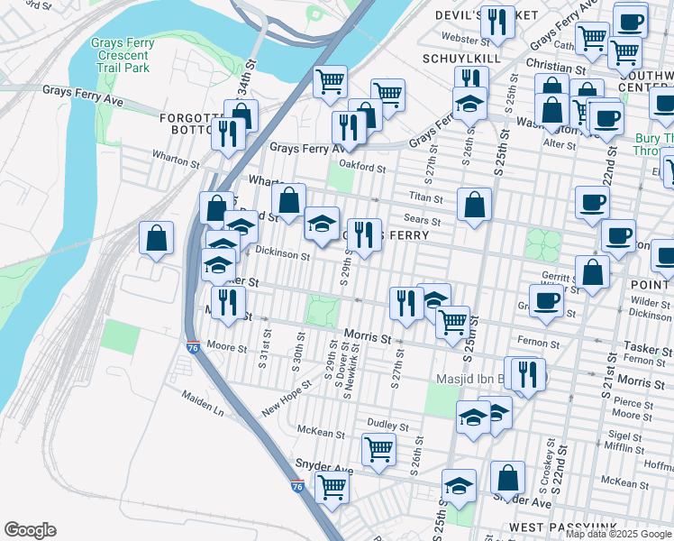 map of restaurants, bars, coffee shops, grocery stores, and more near 1511 South Hollywood Street in Philadelphia