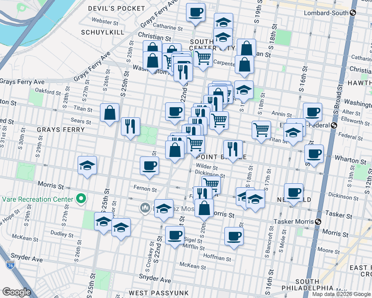 map of restaurants, bars, coffee shops, grocery stores, and more near 2113 Reed Street in Philadelphia