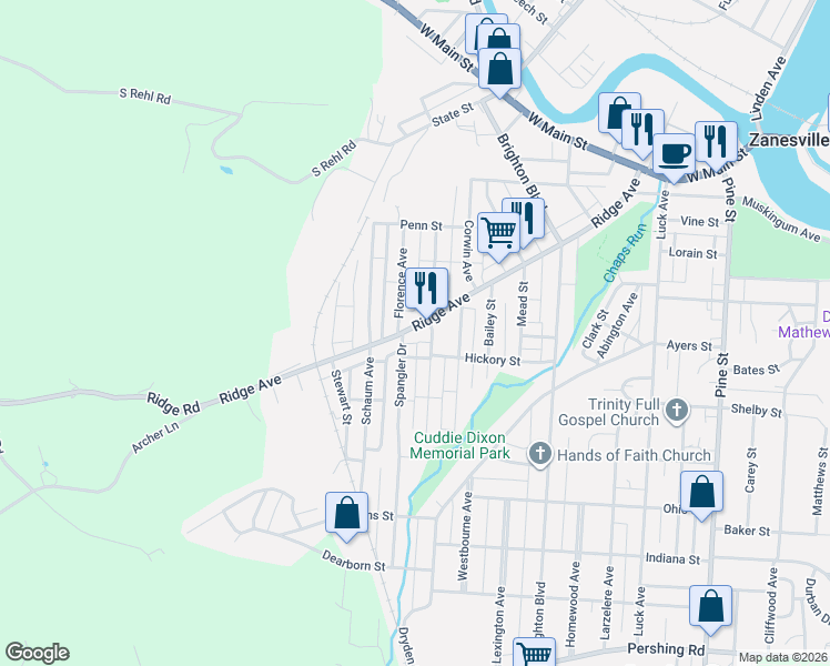 map of restaurants, bars, coffee shops, grocery stores, and more near 1616 Ridge Avenue in Zanesville