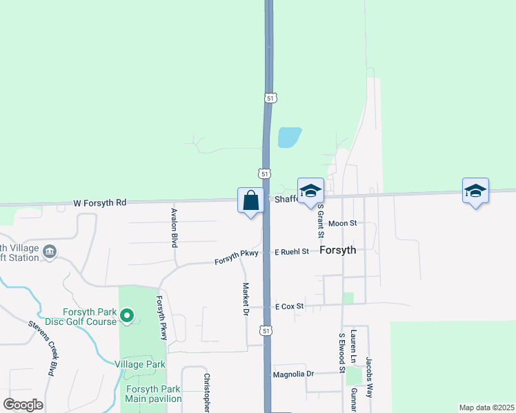 map of restaurants, bars, coffee shops, grocery stores, and more near 105 U.S. 51 in Forsyth