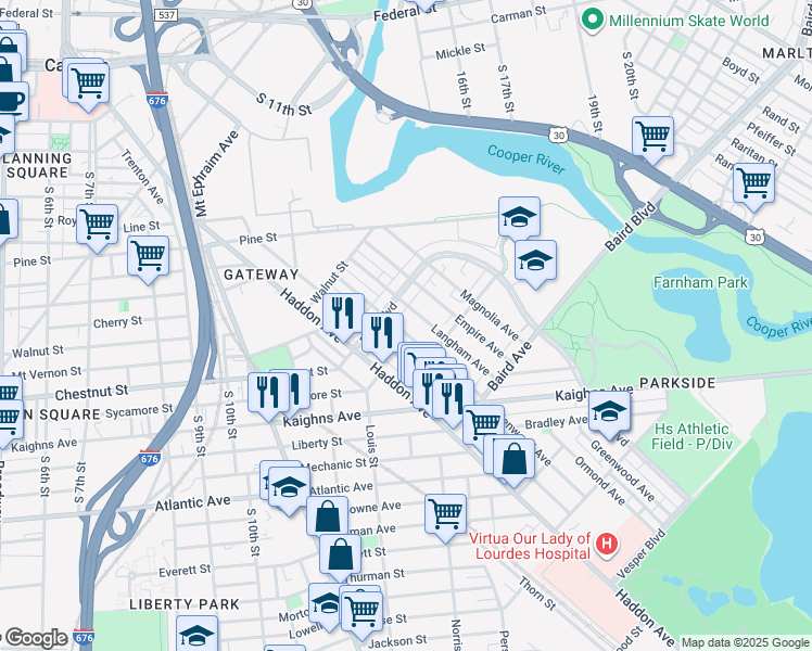 map of restaurants, bars, coffee shops, grocery stores, and more near 1120 Kenwood Avenue in Camden