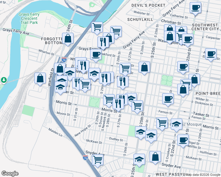 map of restaurants, bars, coffee shops, grocery stores, and more near 1509 South Dover Street in Philadelphia