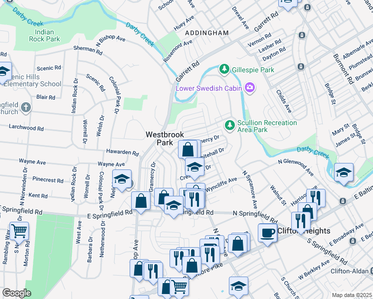 map of restaurants, bars, coffee shops, grocery stores, and more near 327 North Oak Avenue in Clifton Heights