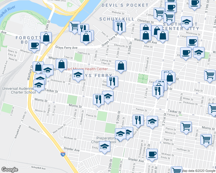 map of restaurants, bars, coffee shops, grocery stores, and more near 2620 Wilder Street in Philadelphia