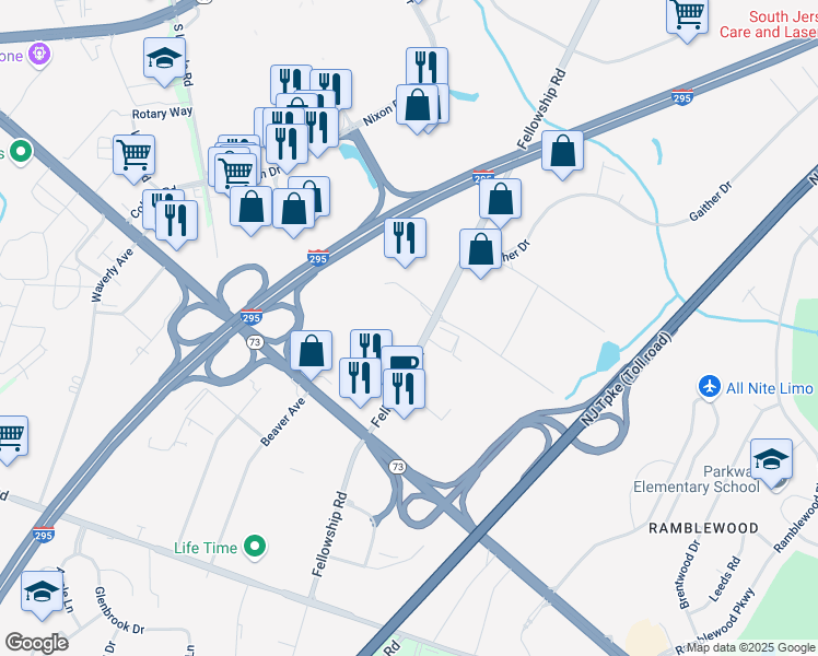map of restaurants, bars, coffee shops, grocery stores, and more near 521 Fellowship Road in Mount Laurel Township