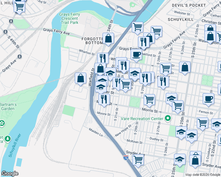 map of restaurants, bars, coffee shops, grocery stores, and more near 3301 Tasker Street in Philadelphia