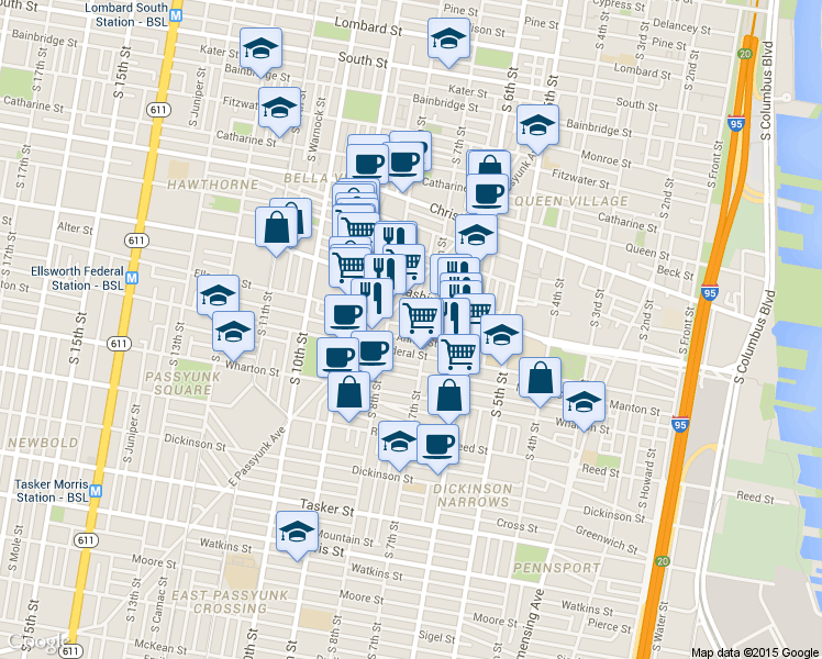 map of restaurants, bars, coffee shops, grocery stores, and more near 716 Ellsworth Street in Philadelphia