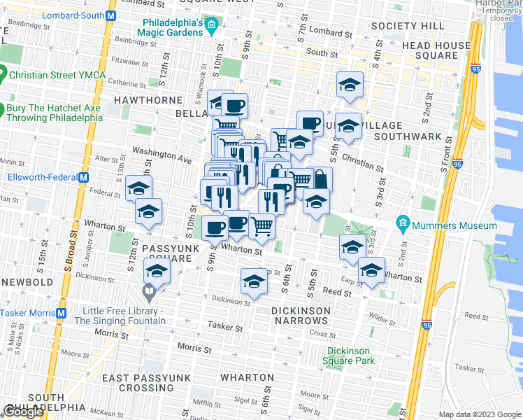 map of restaurants, bars, coffee shops, grocery stores, and more near 716 Ellsworth Street in Philadelphia