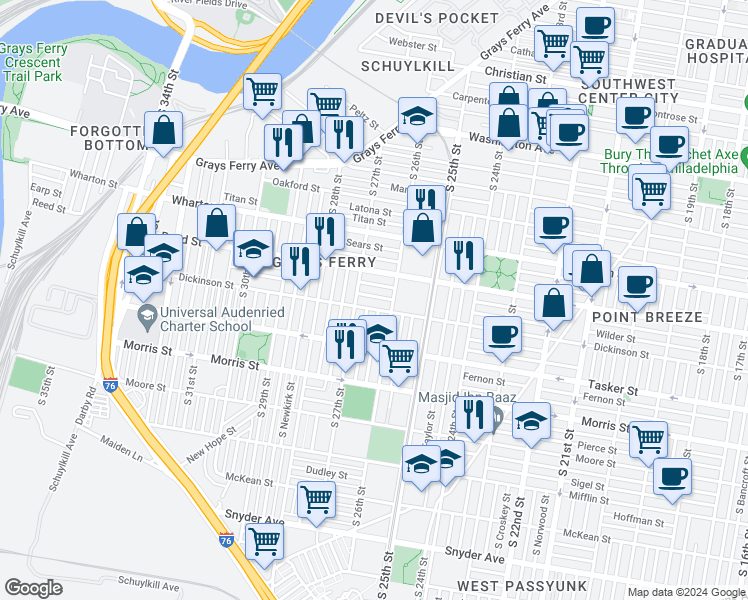 map of restaurants, bars, coffee shops, grocery stores, and more near 2628 Wilder Street in Philadelphia