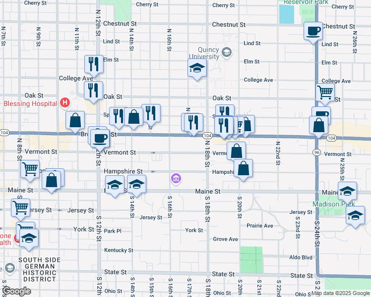map of restaurants, bars, coffee shops, grocery stores, and more near 1635 Vermont Street in Quincy