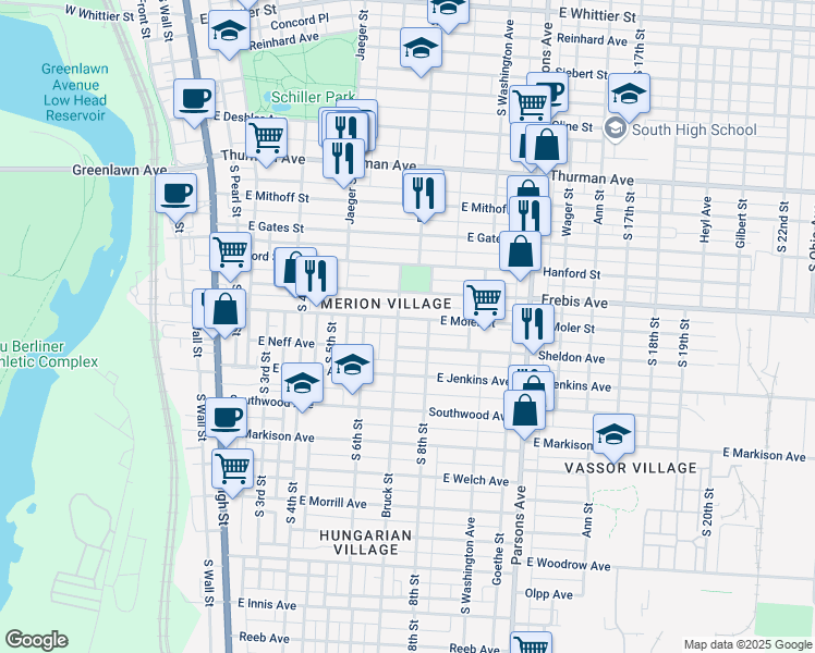 map of restaurants, bars, coffee shops, grocery stores, and more near 275 East Moler Street in Columbus