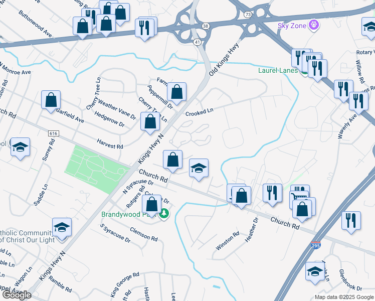 map of restaurants, bars, coffee shops, grocery stores, and more near 407 Kings Croft in Cherry Hill