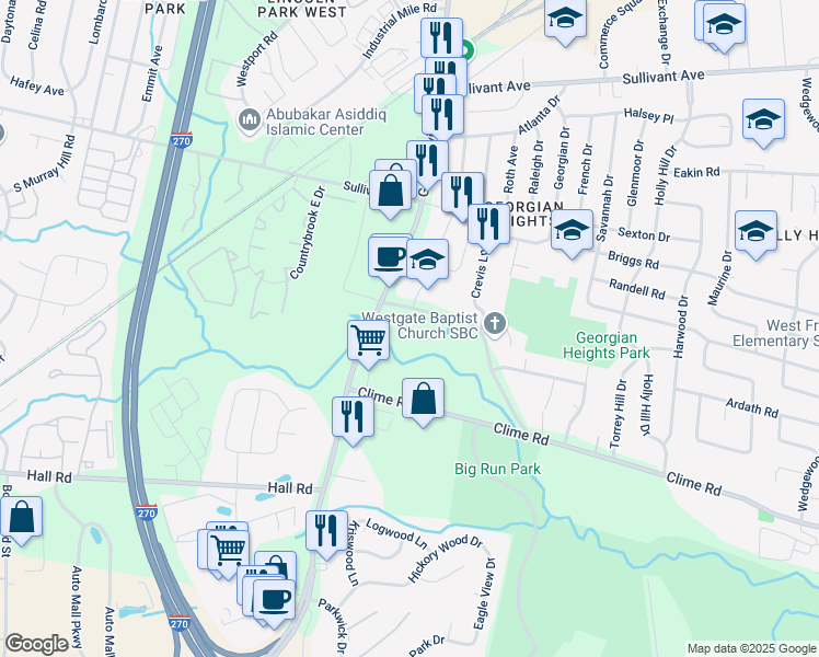 map of restaurants, bars, coffee shops, grocery stores, and more near 4301 Clime Road North in Columbus
