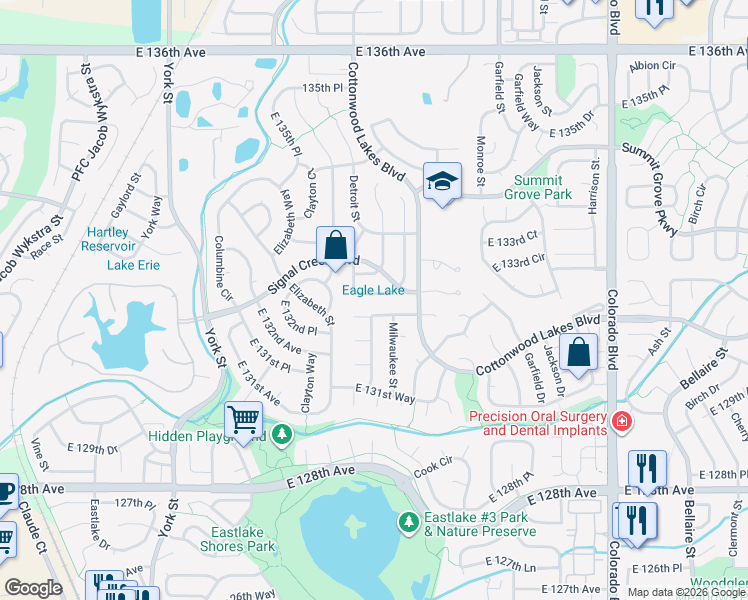 map of restaurants, bars, coffee shops, grocery stores, and more near 3024 East 133rd Circle in Thornton