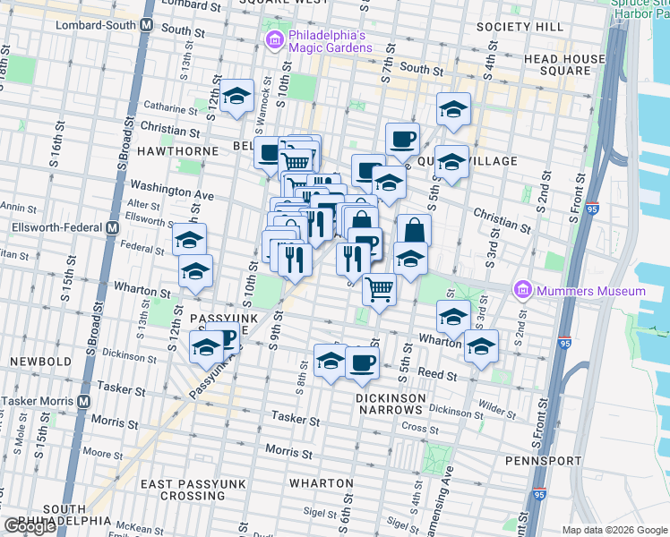 map of restaurants, bars, coffee shops, grocery stores, and more near 709 Annin Street in Philadelphia