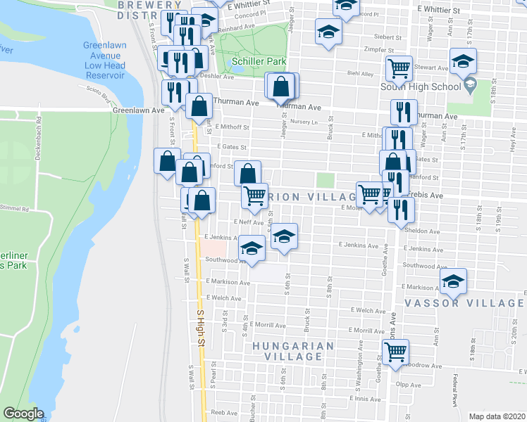 map of restaurants, bars, coffee shops, grocery stores, and more near 1363 South 5th Street in Columbus