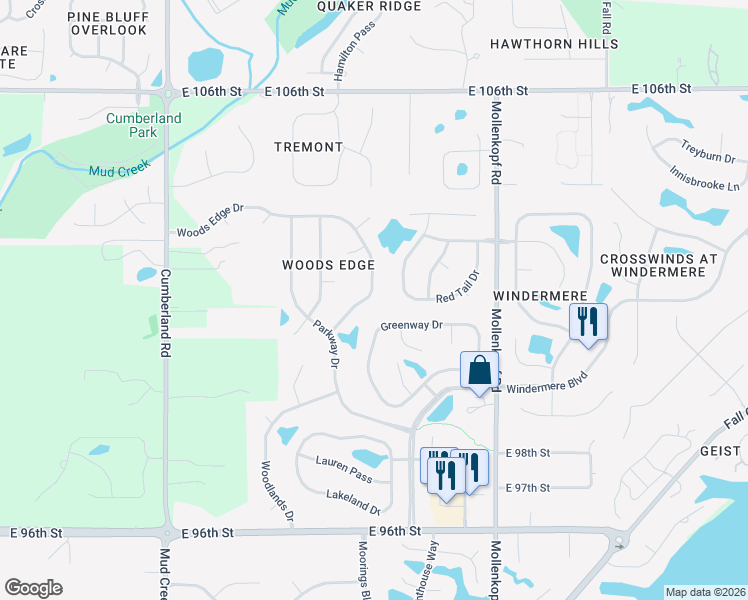 map of restaurants, bars, coffee shops, grocery stores, and more near 10368 Woods Edge Drive in Fishers