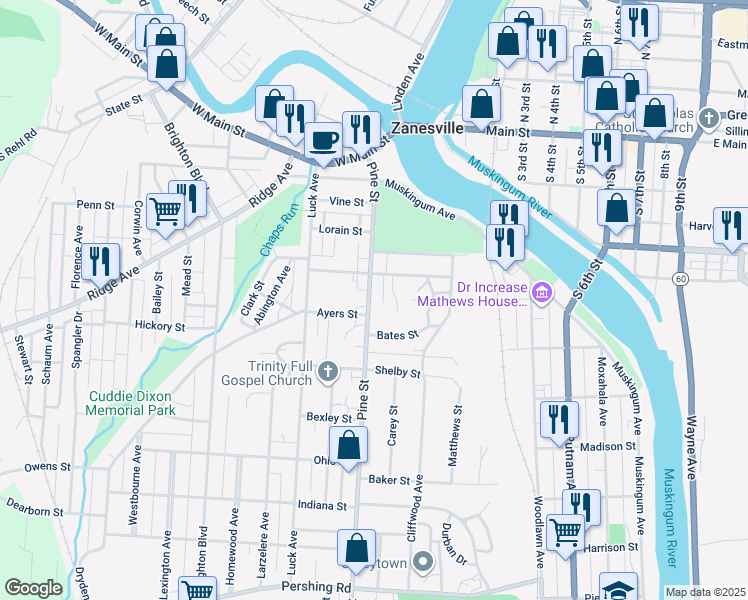 map of restaurants, bars, coffee shops, grocery stores, and more near 336 Pine Street in Zanesville