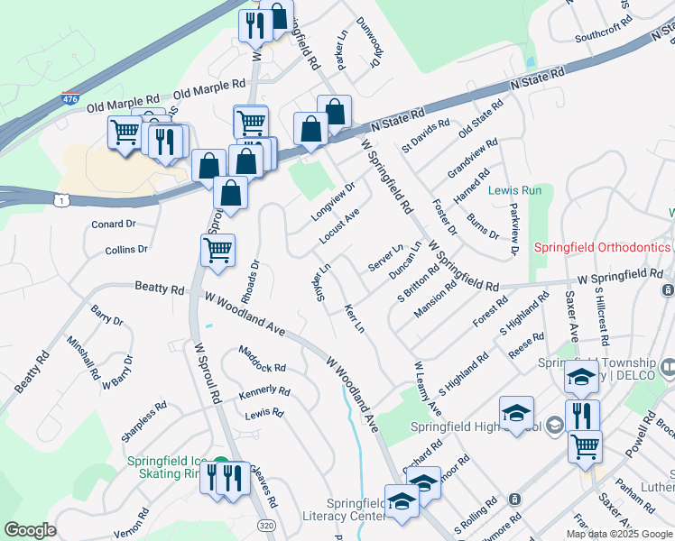 map of restaurants, bars, coffee shops, grocery stores, and more near 521 Kerr Lane in Springfield