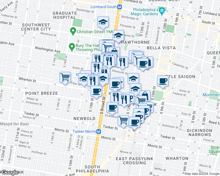 map of restaurants, bars, coffee shops, grocery stores, and more near 1221 South Broad Street in Philadelphia