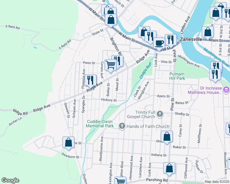 map of restaurants, bars, coffee shops, grocery stores, and more near 362 Bailey Street in Zanesville