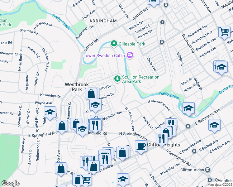 map of restaurants, bars, coffee shops, grocery stores, and more near 283 Whitehall Drive in Clifton Heights