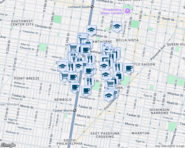 map of restaurants, bars, coffee shops, grocery stores, and more near 1221 South 13th Street in Philadelphia