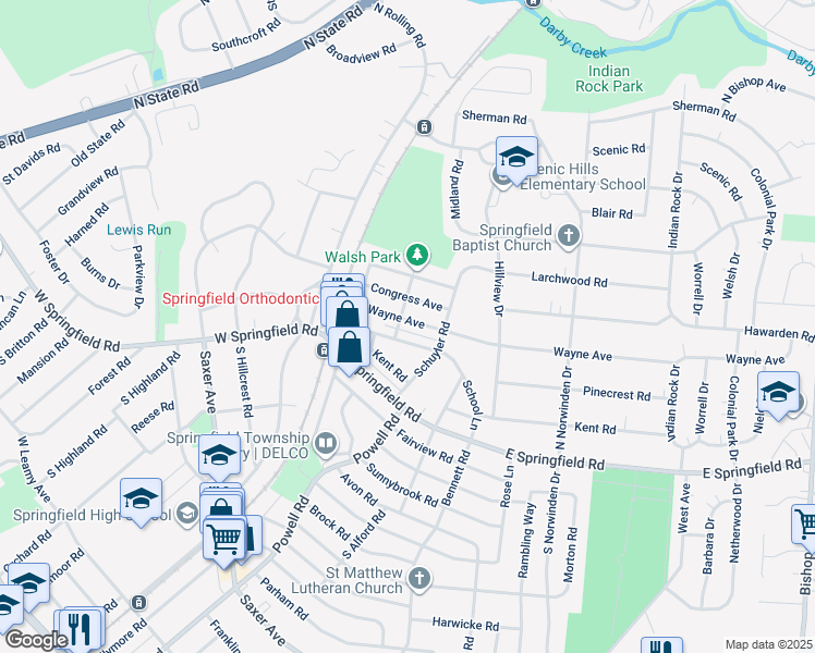 map of restaurants, bars, coffee shops, grocery stores, and more near 104 Wayne Avenue in Springfield
