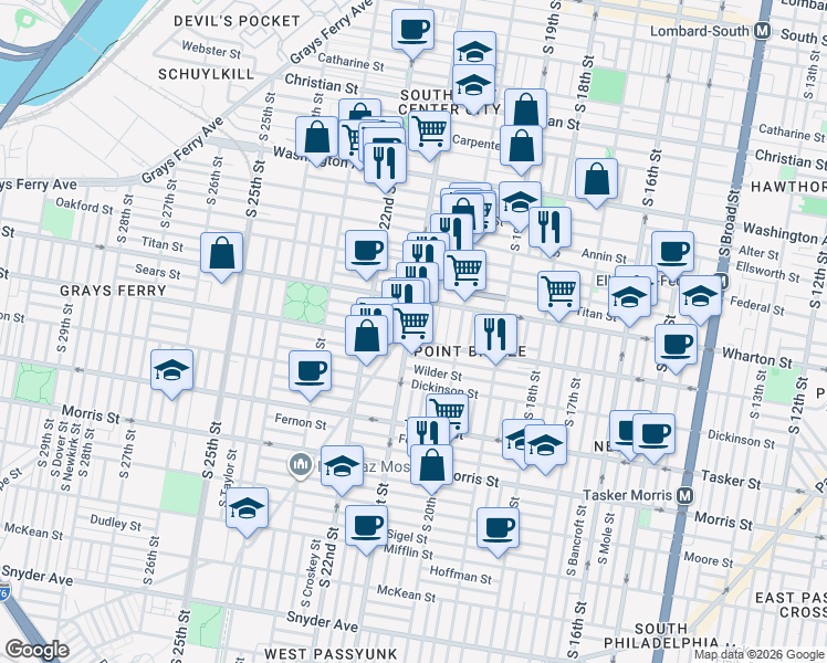 map of restaurants, bars, coffee shops, grocery stores, and more near 2031 Reed Street in Philadelphia