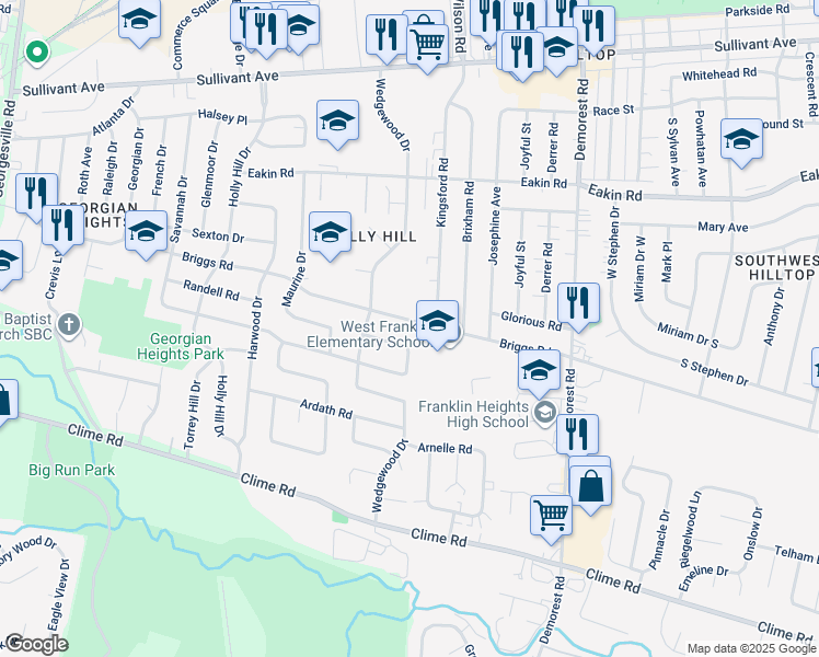 map of restaurants, bars, coffee shops, grocery stores, and more near 3709 Briggs Road in Columbus