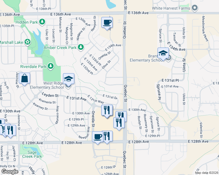 map of restaurants, bars, coffee shops, grocery stores, and more near 7112 East 131st Place in Thornton