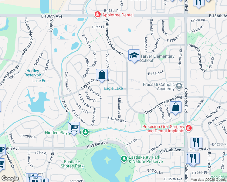 map of restaurants, bars, coffee shops, grocery stores, and more near 3024 East 133rd Circle in Thornton