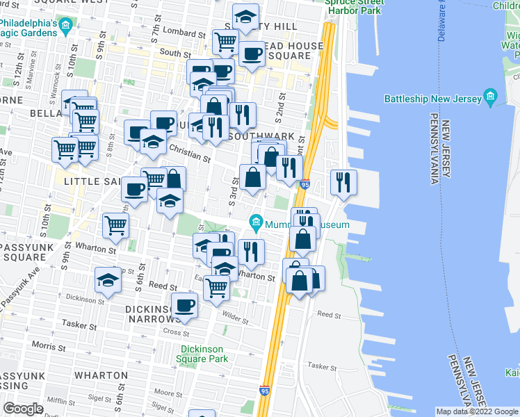 map of restaurants, bars, coffee shops, grocery stores, and more near 1011 South 2nd Street in Philadelphia