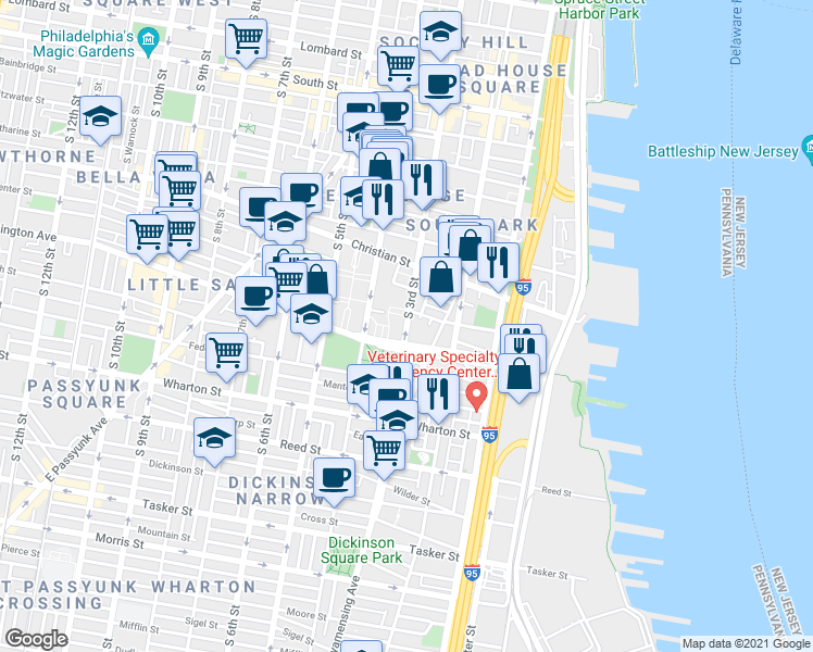 map of restaurants, bars, coffee shops, grocery stores, and more near 1009 South 3rd Street in Philadelphia