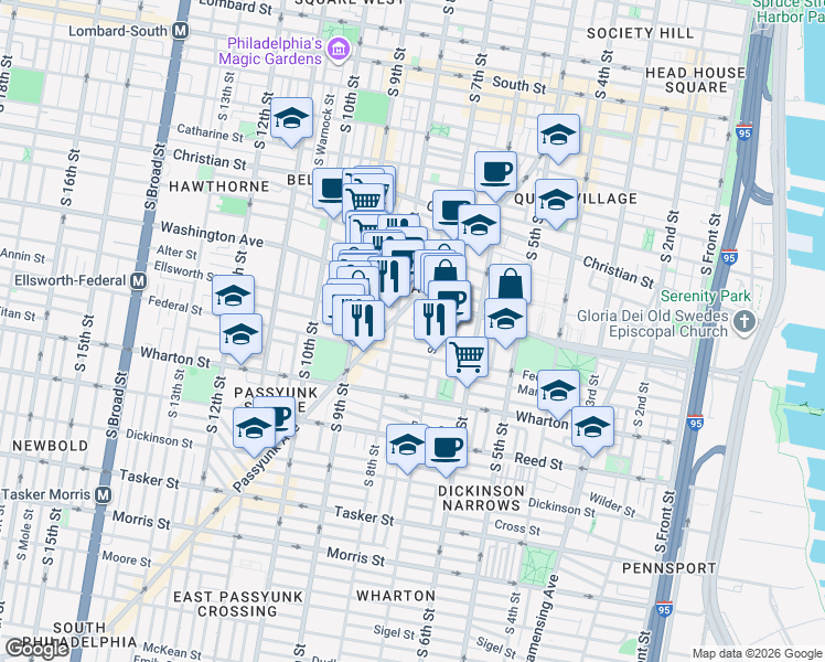 map of restaurants, bars, coffee shops, grocery stores, and more near 709 Annin Street in Philadelphia