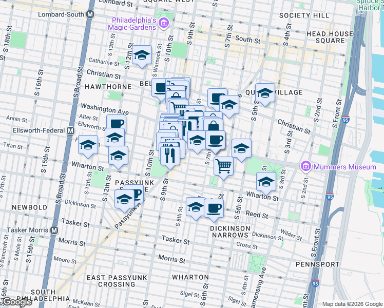 map of restaurants, bars, coffee shops, grocery stores, and more near 1151 East Passyunk Avenue in Philadelphia