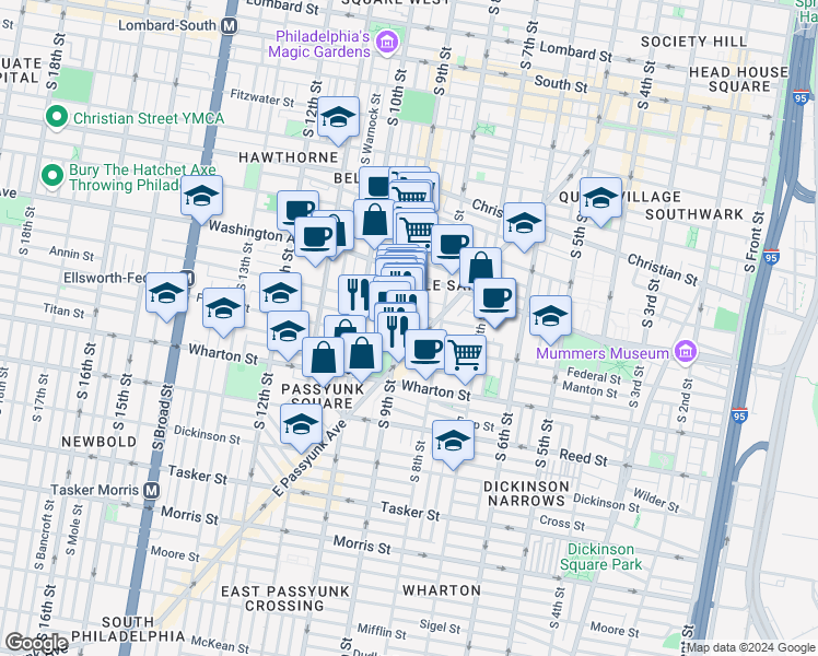map of restaurants, bars, coffee shops, grocery stores, and more near 1166 South 9th Street in Philadelphia
