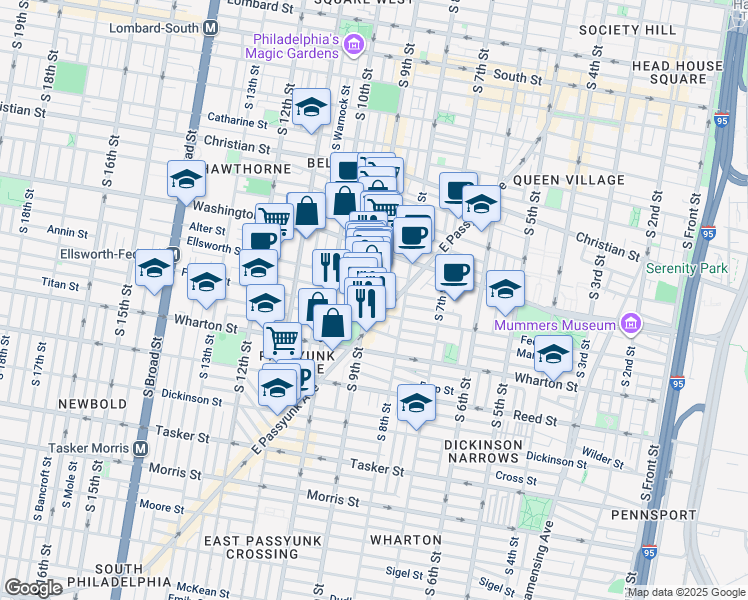 map of restaurants, bars, coffee shops, grocery stores, and more near 1166 South 9th Street in Philadelphia