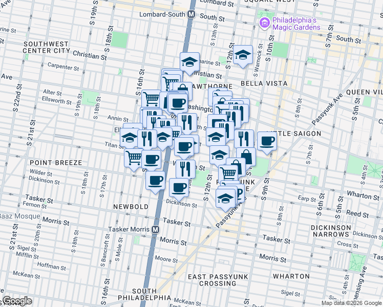 map of restaurants, bars, coffee shops, grocery stores, and more near 1221 South 13th Street in Philadelphia