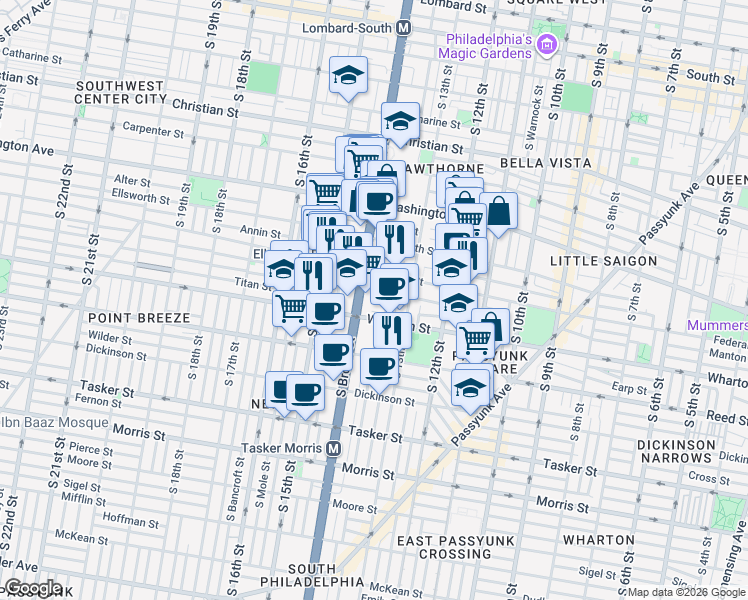 map of restaurants, bars, coffee shops, grocery stores, and more near 1234 South Juniper Street in Philadelphia