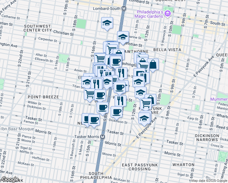 map of restaurants, bars, coffee shops, grocery stores, and more near 1234 South Juniper Street in Philadelphia