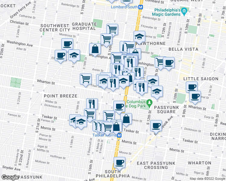 map of restaurants, bars, coffee shops, grocery stores, and more near 1256 South 15th Street in Philadelphia