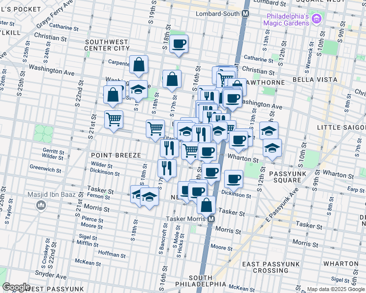 map of restaurants, bars, coffee shops, grocery stores, and more near 1602 Wharton Street in Philadelphia